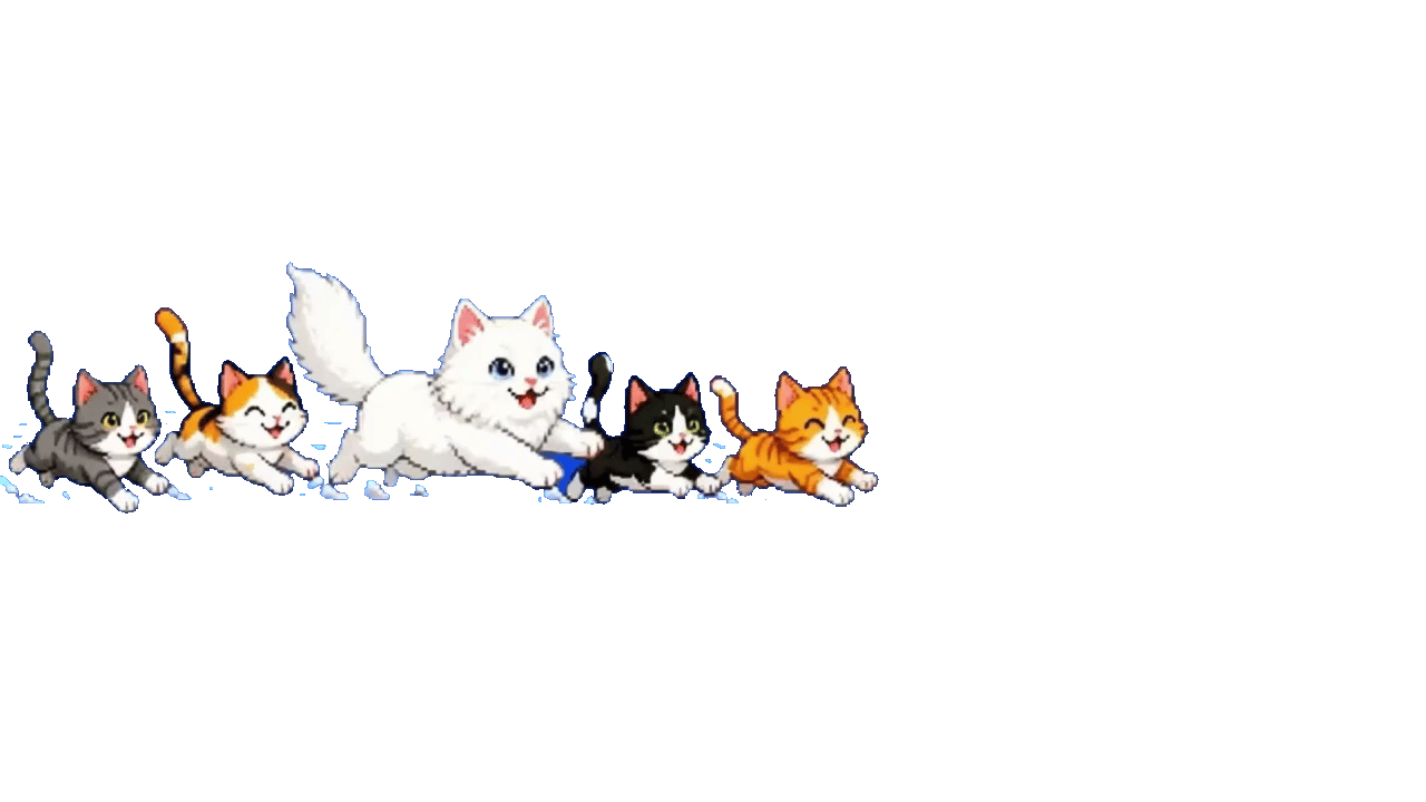 Five pixel-art cats running together